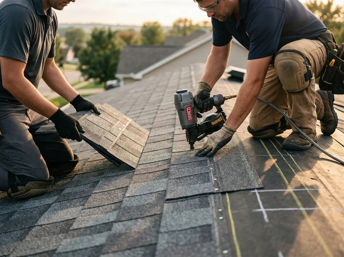 Professional roofer working on a residential roof in Radnor